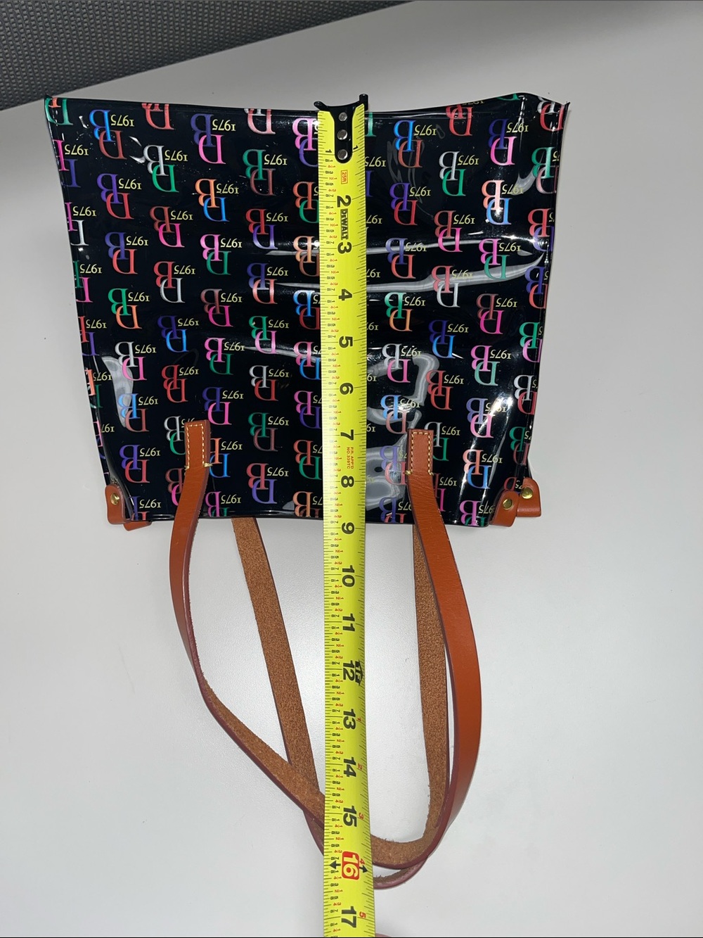 Dooney & Bourke Black Patent Tote with Multicolor DB Logo and Tan Straps - Picture 8 of 10